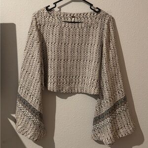 Free People Stars Aligned Cream and Black Patterned Bell Sleeve Cropped Top
